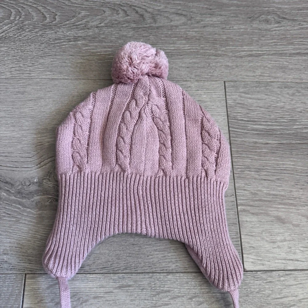 H&M Kids Pink Cable Knit Fleece Lined‎ Earflap Beanie Pom Hat 9-12 M